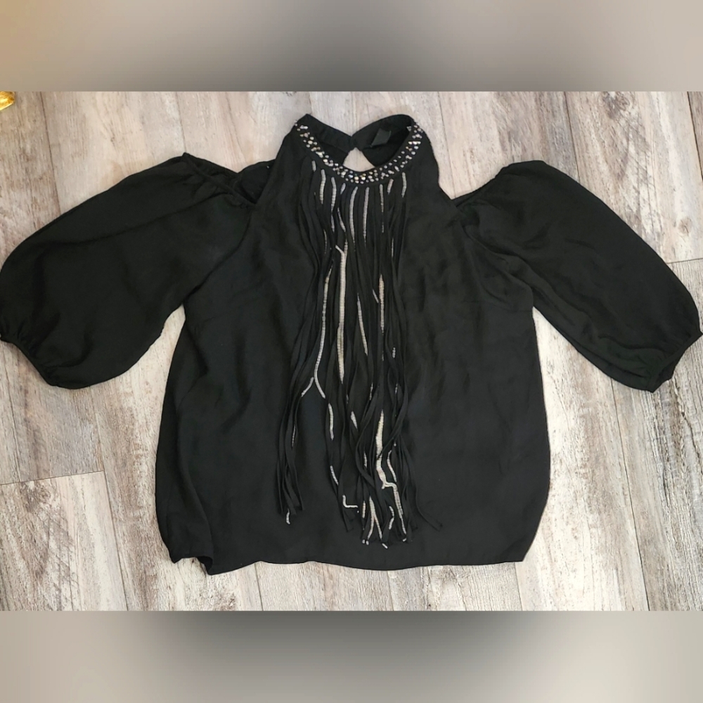 Women's Si Style Black/Sliver Cold Shoulders Fringe Blouse- Black